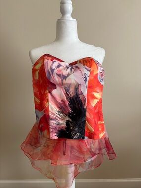 bebe Multicolored Floral Strapless Peplum Top